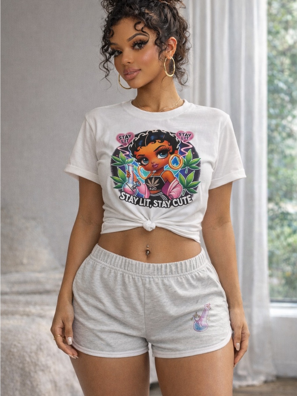 Stay Lit, Stay Cute White Graphic Crop Tee - Women